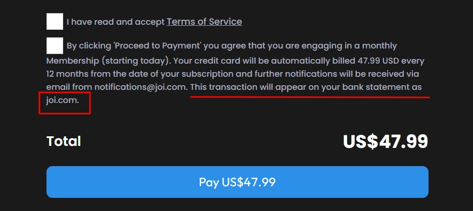 Joi AI Privacy- No Discreet Billing